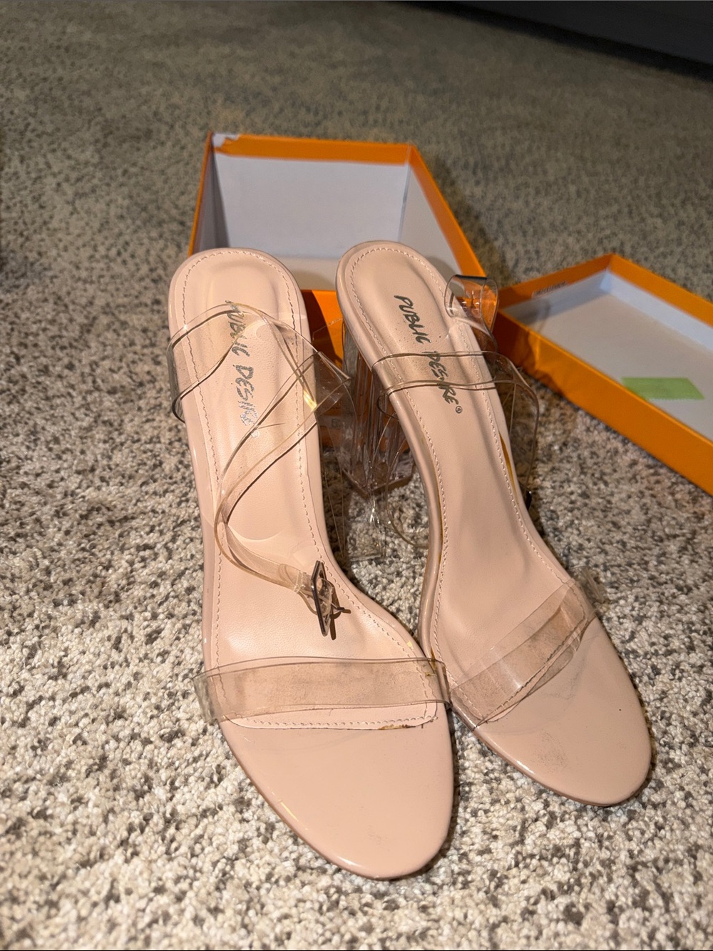 Public Desire Nude Clear Strap Block Heel Sandals